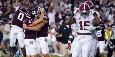 Texas A&M beats Alabama on a last second field goal. Photo credits: The New York Times